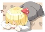  blonde_hair closed_eyes drooling eyes_closed hair_ribbon hecchi_(blanch) lying on_stomach open_mouth paw_print ribbon rumia saliva shirt short_hair skirt skirt_set sleeping smile solo the_embodiment_of_scarlet_devil touhou vest youkai z 