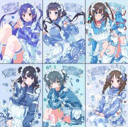  6+girls absurdres apron bandaid bandaid_on_face bandaid_on_leg belt black_eyes black_hair blue_eyes blue_hair blue_nails blue_track_suit blush braid brown_eyes brown_hair card character_name closed_mouth double_bun earrings elbows_on_knees fingernails floating_hair flower_symbol gakuen_idolmaster green_eyes hair_bun hair_ornament hairclip hands_on_own_chin head_rest heart heart_earrings heart_sticker highres idolmaster idolmaster_(classic) idolmaster_cinderella_girls idolmaster_million_live! idolmaster_shiny_colors jersey_maid jewelry kazano_hiori kisaragi_chihaya knee_guards knees_up letter_hair_ornament long_hair long_sleeves looking_at_viewer maid maid_apron maid_headdress mogami_shizuka multiple_girls nail_polish nonanonnon6u6 one_side_up open_mouth outline parted_lips playing_card see-through_clothes see-through_thighhighs shibuya_rin smile solo sparkle star_sticker steepled_fingers sticker_on_face sweatdrop tachibana_arisu thigh-highs thigh_belt thigh_strap track_suit triangle_earrings tsukimura_temari twin_braids two_side_up unconventional_maid white_apron white_headdress white_outline wing_hair_ornament x_hair_ornament 