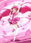  antenna_hair arm_up armpits bike_shorts boots bowtie choker cure_happy dress happy head_wings heart hoshizora_miyuki long_hair magical_girl mousoup pink pink_dress pink_eyes pink_hair precure shorts_under_skirt skirt smile_precure! solo standing_on_one_leg tiara twintails wink wrist_cuffs 