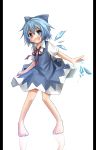  bare_legs barefoot blue_dress blue_eyes blue_hair blush bow cirno dress hair_bow hakobako ice open_mouth outstretched_hand pillarboxed reflective_floor ribbon shirt short_hair solo touhou wings 
