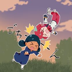  >_< 2girls amate_yuzuriha bindi black_hair bodysuit chibi closed_eyes dark-skinned_female dark_skin day double_bun dress grass green_eyes gundam gundam_gquuuuuux hair_bun headbutt highres lalah_sune long_sleeves mecha_pilot_suit multicolored_bodysuit multiple_girls normal_suit_(gundam) open_mouth outdoors red_hair ryokasaka short_hair sky 