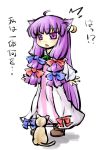  1girl ahoge animal_ears ascot bow cat cat_ears crescent dress earrings hair_bow jewelry long_hair natsuki_(silent_selena) patchouli_knowledge purple_eyes purple_hair simple_background single_earring solo standing touhou translation_request violet_eyes white_background 