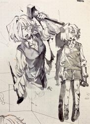  1girl blood blood_on_leg blush collared_shirt greyscale hair_over_one_eye hammer highres holding holding_hammer holding_nail kampuzu kromer_(project_moon) limbus_company low_ponytail monochrome multiple_views nail_(hardware) open_mouth ponytail project_moon shirt shoes short_hair shorts smile socks sweater_vest 