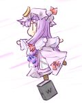  :&lt; balancing book bow chibi crescent dress hair_bow hat hat_bow long_hair natsuki_(silent_selena) patchouli_knowledge purple_hair side simple_background solo touhou white_background |_| 