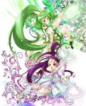  bike_shorts boots choker circlet cure_egret cure_march dress futari_wa_precure_splash_star green_dress green_eyes green_hair long_hair magical_girl midorikawa_nao mishou_mai multiple_girls open_mouth ponytail power_connection precure purple_eyes purple_hair shorts_under_skirt skirt smile smile_precure! tiara tri_tails very_long_hair violet_eyes wind wrist_cuffs 