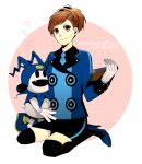  bad_id book brown_hair cosplay female_protagonist_(persona_3) gloves heart jack_frost persona persona_3 persona_3_portable pink_eyes sitting skirt smile sou_(boxxx82) tedor_(cosplay) teodor teodor_(cosplay) 