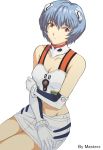  adapted_costume alternate_costume ayanami_rei bare_shoulders blue_hair breasts choker cleavage colored colorfag crop_top drawfag elbow_gloves gloves hair_ornament highres masterz midriff miniskirt navel neon_genesis_evangelion race_queen racequeen red_eyes short_hair sitting skirt solo 