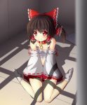  bdsm blush bow brown_hair chain chains collar detached_sleeves footwear hair_bow hair_tubes hakurei_reimu miko navel no_shirt ponytail red_eyes sarashi shadow shefu sitting skirt slave socks solo touhou wariza 