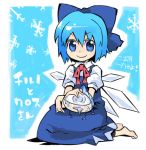  1girl blue_eyes blue_hair bow bowtie cirno dress hair_bow ice ice_wings kumajet_(11956) lowres sitting smile snowflakes solo touhou translation_request wings 
