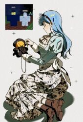 1girl black_hairband blue_hair boots brown_boots chance_(forsaken) character_doll closed_eyes closed_mouth crown doll eunoia_(frozen_soul) forsaken_(roblox) frozen_soul full_body hairband highres knitting long_hair mafioso_(forsaken) mafioso_(frozen_soul) roblox simple_background solo white_background xom98