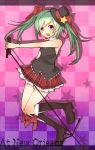  aqua_hair boots bow bowtie hair_bow hair_ribbon hat hatsune_miku highres long_hair microphone microphone_stand open_mouth plaid red_eyes ribbon skirt solo top_hat tosura-ayato twintails vocaloid 