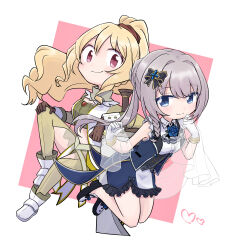  2girls absurdres ascot bare_legs bare_shoulders black_boots black_bow black_corset black_gloves blonde_hair blue_bow blue_eyes blue_flower blue_gemstone blue_rose blue_skirt blue_vest boots bow bow_skirt brooch buttons chest_jewel closed_mouth clothing_cutout collared_vest corset cross_hair_ornament deformed dress eyes_visible_through_hair flower flower_brooch footwear_bow frilled_shirt frilled_skirt frills full_body gem gloves green_pantyhose green_shirt grey_ascot grey_hair grey_scrunchie hair_between_eyes hair_bow hair_intakes hair_ornament hair_scrunchie hand_on_own_knee heart high_ponytail highres holding_veil jewelry knee_up lapels light_blush long_hair magia_record:_mahou_shoujo_madoka_magica_gaiden magical_girl mahou_shoujo_madoka_magica multiple_girls open_clothes open_door open_vest pantyhose pink_background pink_eyes ponytail red_gemstone rose scrunchie see-through_clothes see-through_veil shirt shirt_under_dress skirt sleeveless sleeveless_shirt smile square tareme thigh_cutout togame_momoko tsurime two-sided_veil two-tone_background two-tone_skirt ultimate_magnum veil very_long_hair vest wavy_hair white_background white_boots white_dress white_gloves white_shirt white_skirt white_sleeve_cuffs white_veil yakumo_mitama 