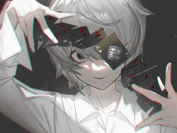  1boy absurdres card death_note empty_eyes grey_background grin highres looking_at_viewer male_focus n_a994014 near_(death_note) one_eye_covered playing_card shirt short_hair smile solo teeth upper_body white_hair white_shirt 