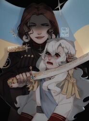  2girls alpha_(alpha_1918) blue_gemstone blue_sash blush brown_hair buttons crying crying_with_eyes_open curly_hair earrings epaulettes fang gem gold_buttons gold_trim golden_hilt green_gemstone highres holding holding_sword holding_weapon jewelry levchenko_ahapiia_oleksandrivna linyvets_chan lips long_hair long_sleeves looking_at_another medium_hair military military_uniform multiple_girls open_mouth original red_gemstone ribbon russo-ukrainian_war sash scimitar shaded_face shoulder_pads smirk sword tears teeth tryzub ukraine ukrainian_clothes ukrainian_flag upper_body weapon white_hair 