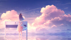  1girl amenomori_howa barefoot black_hair blunt_ends brown_hat clouds cloudy_sky commentary_request contrail direction_board dress flower from_behind hair_flower hair_ornament hat hat_ribbon highres holding holding_own_wrist holding_unworn_clothes holding_unworn_hat long_hair looking_at_sign original outdoors reflection reflective_water ribbon scenery short_sleeves sign simple_bird sky solo standing standing_on_liquid sun_hat unworn_hat unworn_headwear video_thumbnail white_dress wide_shot 