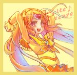  arms_up blonde_hair border circlet cure_muse cure_muse_(yellow) dress gradient_hair heart long_hair multicolored_hair musical_note potepote precure red_eyes shirabe_ako skirt solo suite_precure title_drop 