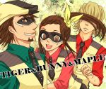  2boys age_difference barnaby_brooks_jr blonde_hair bow braid brown_eyes brown_hair cabbie_hat cosplay facial_hair father_and_daughter hair_bow hair_ornament hairclip hat kaburagi_kaede kaburagi_t_kotetsu kaburagi_t_kotetsu_(cosplay) mask multiple_boys necktie side_ponytail sprinkle35 stubble tiger_&amp;_bunny vest waistcoat 