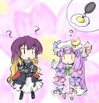  :&lt; ? ascot bow character_request chibi crescent dress egg flower frying_pan hair_bow hat hat_bow hijiri_byakuren long_hair multicolored_hair multiple_girls natsuki_(silent_selena) open_mouth patchouli_knowledge purple_hair ragnarok_online standing thinking thought_bubble touhou |_| 