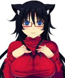  :3 animal_ears beauty_mark black_hair blue_eyes blush breast_squeeze breasts cat_ears female glasses half_rim_glasses kisaragi_yakumo large_breasts long_hair long_sleeves mole original red-framed_glasses semi-rimless_glasses simple_background skirt slit_pupils smile solo sweater turtleneck under-rim_glasses 