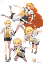  2girls ^_^ absurdres black_shorts black_skirt black_socks bow brown_hairband closed_eyes don_quixote_(project_moon) double_v hair_bow hairband highres ishmael_(project_moon) jacket jeehyung_seo limbus_company long_hair multiple_girls multiple_views necktie open_mouth orange_hair orange_socks ponytail project_moon red_necktie rope shirt short_ponytail short_sleeves shorts sidelocks skirt smile socks v very_long_hair white_bow white_jacket white_sneakers yellow_shirt 