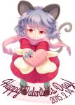  1girl alternate_costume animal_ears blush bow box chocolate chocolate_heart coat english gift gift_box grey_hair heart iris_anemone long_sleeves mittens mouse_ears mouse_tail nazrin outstretched_arms outstretched_hand red_coat red_eyes scarf smile solo tail touhou valentine 