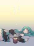  bare_shoulders btoor closed_eyes detached_sleeves eyes_closed hatsune_miku hello_planet_(vocaloid) long_hair lying nail_polish necktie on_back plant pleated_skirt potted_plant sapling skirt sleeping tears twintails vest vocaloid 