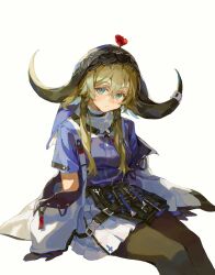  1girl aqua_eyes arknights black_gloves blonde_hair brown_horns brown_pantyhose chun_sam closed_mouth cowboy_shot cross flower flower_on_head gloves hair_between_eyes hair_ornament highres horns inverted_cross invisible_chair jacket long_hair looking_at_viewer off_shoulder pallas_(arknights) pantyhose pleated_skirt purple_shirt red_flower red_rose rose shirt short_sleeves simple_background sitting skirt solo strap white_background white_jacket white_skirt x_hair_ornament 