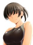  1girl amagami bare_shoulders black_eyes black_hair blush breasts bust competition_swimsuit highres large_breasts looking_at_viewer one-piece_swimsuit ponytail sasaki_akira_(ugc) shiny shiny_clothes shiny_skin simple_background solo swimsuit tsukahara_hibiki white_background 