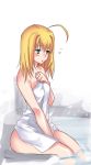  blonde_hair blue_eyes blush covering fate/stay_night fate_(series) hair_down maccyman naked_towel saber sitting towel 