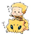  :3 armor blonde_hair chibi crossover earrings fate/stay_night fate_(series) gilgamesh hachi_(gaoo) jewelry joltik male pokemon riding white_background 