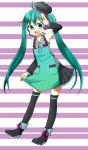  ahoge apron arm_up detached_sleeves green_eyes green_hair hat hatsune_miku headset high_heels long_hair open_mouth shoes skirt solo striped striped_background thigh-highs thighhighs twintails very_long_hair vocaloid yuua_(cord-03) 