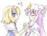  2girls alice_margatroid ascot blonde_hair blood blue_eyes blush bow capelet closed_eyes crescent eyes_closed hair_bow hairband hat hat_bow holding_hand long_hair multiple_girls natsuki_(silent_selena) open_mouth patchouli_knowledge purple_hair side simple_background touhou white_background 