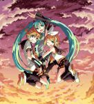  2girls aqua_eyes aqua_hair blonde_hair cloud detached_sleeves hair_ornament hair_ribbon hairclip hatsune_miku headset kagamine_len kagamine_rin leg_warmers long_hair multiple_girls necktie open_mouth ribbon sailor_collar skirt sky thigh-highs thighhighs twintails very_long_hair vocaloid wink 