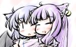  :d :o =_= ahoge animal_ears bat_wings blue_hair blush bow cat_ears crescent earrings fang hair_bow hug jewelry long_hair multiple_girls natsuki_(silent_selena) no_hat no_headwear open_mouth patchouli_knowledge purple_hair remilia_scarlet simple_background smile the_embodiment_of_scarlet_devil touhou white_background wings wink |_| 