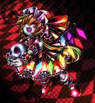  acid_trip blonde_hair checkered checkered_floor closed_eyes colorful eyes_closed flandre_scarlet frills glowing glowing_wings hair hat hat_ribbon highres long_hair mary_janes ninomae ribbon sharp_teeth shoes skull solo surreal tattoo touhou wings wrist_cuffs 
