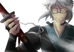  1girl ajiko bridal_gauntlets choker fingernails glasses glowing glowing_eyes holding katana male morichika_rinnosuke pointy_ears sharp_fingernails sharp_nails sheath sheathed short_hair silver_hair simple_background smile solo sword touhou weapon white_background yellow_eyes 