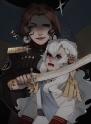  2girls alpha_(alpha_1918) blue_gemstone blue_sash blush brown_hair buttons crying crying_with_eyes_open curly_hair earrings epaulettes fang gem gold_buttons gold_trim golden_hilt green_gemstone highres holding holding_sword holding_weapon jewelry levchenko_ahapiia_oleksandrivna linyvets_chan lips long_hair long_sleeves looking_at_another medium_hair military military_uniform multiple_girls open_mouth original red_gemstone ribbon russo-ukrainian_war sash scimitar shaded_face shoulder_pads smirk sword tears teeth tryzub ukraine ukrainian_clothes ukrainian_flag upper_body weapon white_hair 