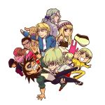  barnaby_brooks_jr cabbie_hat carrying chibi dog ebitetsu everyone flat_color hat hat_removed headwear_removed huang_baoling ivan_karelin john_(tiger_&amp;_bunny) joshua2368 kaburagi_t_kotetsu keith_goodman mask nathan_seymour princess_carry simple_background stuffed_animal stuffed_bunny stuffed_toy tiger_&amp;_bunny white_background yuri_petrov 