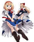  alice_margatroid blonde_hair blue_eyes blush boots capelet covering covering_crotch cross-laced_footwear dress embarrassed knee_boots kneehighs lace-up_boots long_hair sash shanghai_doll short_hair solo takemori_shintarou touhou wind_lift 