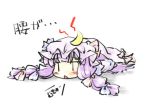  :&lt; blush bow chibi crescent hair_bow hat hat_bow long_hair lying natsuki_(silent_selena) on_stomach open_mouth patchouli_knowledge purple_hair simple_background solo touhou translation_request white_background |_| 