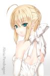  ahoge bare_shoulders blonde_hair bow braid character_name dress earrings elbow_gloves fate/stay_night fate_(series) french_braid gloves green_eyes hair_bow hair_bun jewelry saber sadakofxe simple_background solo white white_background white_dress 