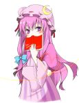  blush book bow covering covering_face covering_mouth crescent dress hair_bow hat heart highres long_hair patchouli_knowledge purple_eyes purple_hair shierutei solo touhou violet_eyes 