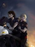  barnaby_brooks_jr blonde_hair brown_eyes brown_hair facial_hair glasses green_eyes highres kaburagi_t_kotetsu motor_vehicle motorcycle multiple_boys police police_officer police_uniform stubble tiger_&amp;_bunny uniform vehicle wwwe314 