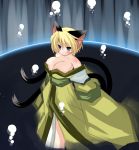  animal_ears bare_shoulders blonde blonde_hair blue_eyes breasts cat_ears cleavage female hotaru-mia huge_breasts japanese_clothes kimono mimisuke_(mim'im) multiple_tails original short_hair solo standing tail two_tails 