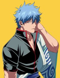  black_shirt blue_hair gintama hadanugi_dousa japanese_clothes kimono long_sleeves looking_at_viewer male_focus messy_hair parted_lips popped_collar red_eyes sakata_gintoki shirt short_hair short_sleeves solo upper_body white_kimono wide_sleeves yellow_background yubi_nui21 