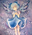  blue_eyes blue_hair bow cirno dress hair_bow holding ice ice_wings solo touhou traditional_media watercolor_(medium) wings yuyu_(00365676) 