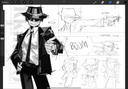  1boy art_program_in_frame black_hat black_jacket black_necktie black_pants chance_(forsaken) coin coin_flip collared_shirt commentary english_commentary fedora forsaken_(roblox) hat highres jacket kirbo multiple_views necktie pants procreate_(medium) roblox shirt sketch sunglasses white_shirt 