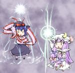 :&lt; :d arm_up blue_hair book bow casting_spell chibi crescent danmaku dress hair_bow hat hat_bow hat_ribbon holding holding_book long_hair multiple_girls nagae_iku natsuki_(silent_selena) open_book open_mouth patchouli_knowledge purple_hair ribbon skirt smile touhou |_|