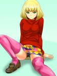  black_panties blonde_hair green_eyes original panties pantyshot pantyshot_(sitting) pantyshot_sitting pink_legwear pop'n_music short_hair simple_background sitting thigh-highs thighhighs underwear yagio 