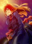  animal_ears brown_hair dress full_moon hand_in_pocket hand_on_own_face holo long_hair moon night red_eyes smile solo spice_and_wolf tail wind wolf_ears wolf_tail zpolice 